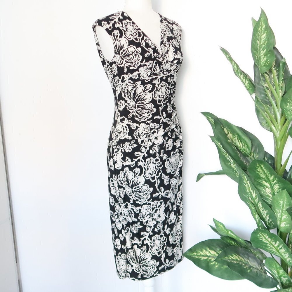 Ralph Lauren Black & White Faux Wrap V-neck Slim Fit Midi Sheath Dress Size 2 - Picture 3 of 10